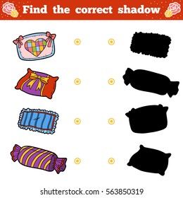 Find the correct shadow, education game for children. Vector cartoon set of pillows
