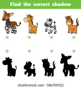 Find the correct shadow, education game for children. Vector set of animals