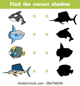Find the correct shadow, education game for children. Vector set of sea animals
