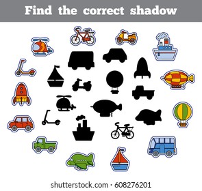 Find the correct shadow, education game for children. Set of cartoon transport