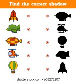 Find the correct shadow, education game for children. Set of cartoon transport