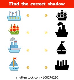 Find the correct shadow, education game for children. Set of cartoon transport