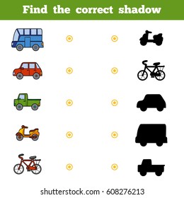Find the correct shadow, education game for children. Set of cartoon transport