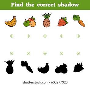 Find the correct shadow, education game for children. Set of cartoon fruits and vegetables