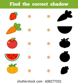 Find the correct shadow, education game for children. Set of cartoon fruits and vegetables