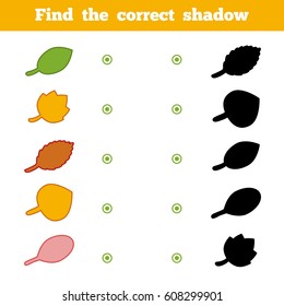 Find the correct shadow, education game for children. Set of cartoon leafs