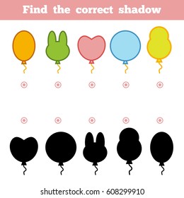 Find the correct shadow, education game for children. Set of cartoon balloons