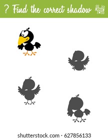 Find the correct shadow. Education game for children with cartoon crow