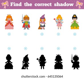 Find the correct shadow, education game for children. Set of cartoon fairy-tale characters