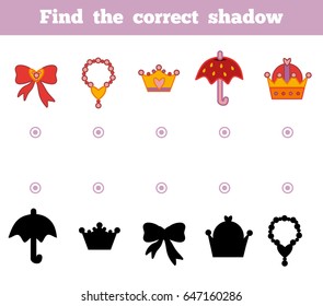 Find the correct shadow, education game for children. A set of accessories for the princess
