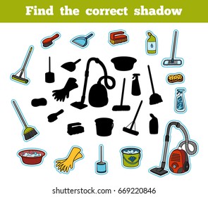 Find the correct shadow, education game for children. Set of objects for cleaning