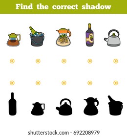 Find the correct shadow, education game for children. Set of kitchen utensils and objects from the cafe