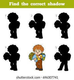 Find the correct shadow, education game for children, Schoolboy with flowers