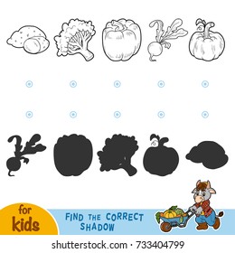 Find the correct shadow, education game for children. Black and white vegetables