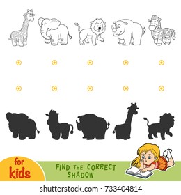 Find the correct shadow, education game for children. Black and white safari animals