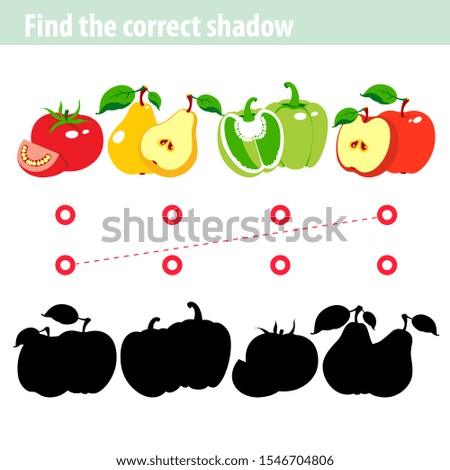 Find the correct shadow, education game for children. Set of fruits and vegetables.