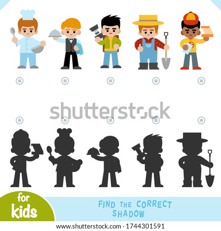 Find the correct shadow, education game for children, a set of characters of different professions. Farmer, chef, waiter, pizza deliveryman, photographer