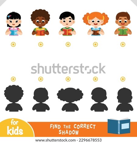 Find the correct shadow, education game for children, Set of cute cartoon multiethnic children reading a book, Girl with red hair, Asian boy and girl, African-american boy