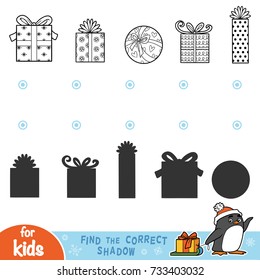 Find the correct shadow, education games for children. Black and white Christmas gifts