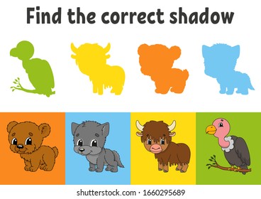 Find the correct shadow. Education worksheet. Matching game for kids. Bear, wolf, yak, vulture. Color activity page. Puzzle for children. Cartoon character. Isolated vector illustration.
