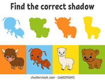 Find the correct shadow. Education worksheet. Matching game for kids. Yak, ant, alpaca, bear. Color activity page. Puzzle for children. Cartoon character. Isolated vector illustration.