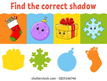 Find the correct shadow. Education worksheet. Matching game for kids. Color activity page. Puzzle for children. Cartoon character. Isolated vector illustration.