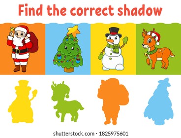 Find the correct shadow. Education worksheet. Matching game for kids. Color activity page. Puzzle for children. Cartoon character. Isolated vector illustration.