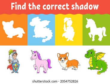 Finden Sie den richtigen Schatten. Unterrichtsblatt. Das passende Spiel für Kinder. Fairytale Thema. Seite mit Farbaktivität. Puzzle für Kinder. Cartoon-Charakter. Einzige Vektorgrafik.