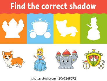Find the correct shadow. Education worksheet. Matching game for kids. Fairytale theme. Color activity page. Puzzle for children. Cartoon character. Isolated vector illustration.