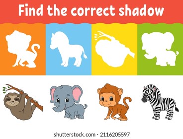 Find the correct shadow. Education worksheet. Matching game for kids. Color activity page. Puzzle for children. Animal theme. Isolated vector illustration.