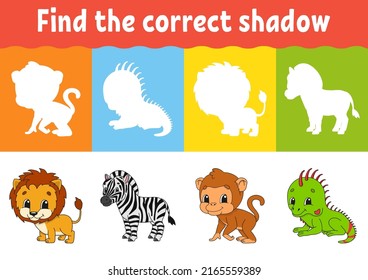 Find the correct shadow. Education worksheet. Matching game for kids. Color activity page. Puzzle for children. Animal theme. Isolated vector illustration.