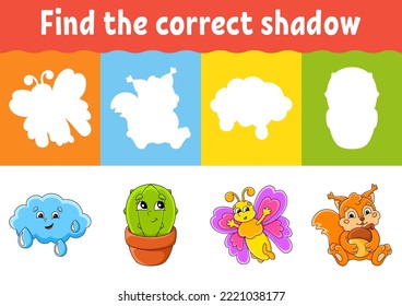 Encuentra la sombra correcta. Hoja de trabajo de educación. Juego de correspondencia para niños. Página de actividad de color. Rompecabezas para los niños. personaje de dibujos animados. Ilustración vectorial.