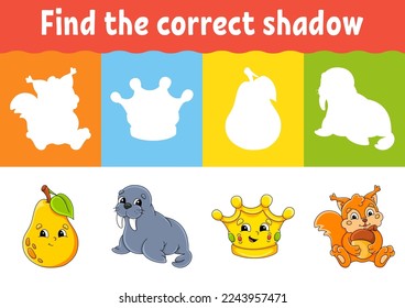 Find the correct shadow. Education worksheet. Matching game for kids. Color activity page. Puzzle for children. cartoon character. Vector illustration.
