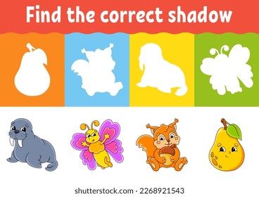 Find the correct shadow. Education worksheet. Matching game for kids. Color activity page. Puzzle for children. cartoon character. Vector illustration.