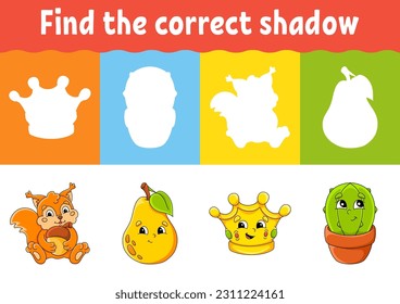 Encuentra la sombra correcta. Hoja de trabajo de educación. Juego de correspondencia para niños. Página de actividad de color. Rompecabezas para los niños. personaje de dibujos animados. ...