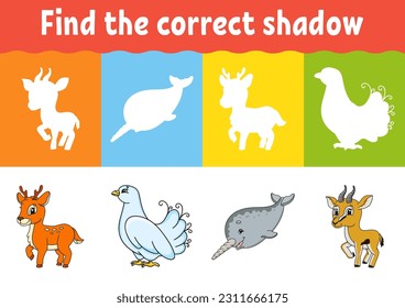 Find the correct shadow. Education worksheet. Matching game for kids. Color activity page. Puzzle for children. cartoon character. Isolated vector illustration.