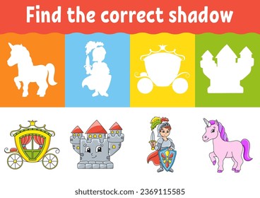 Find the correct shadow. Education worksheet. Matching game for kids. Fairytale theme. Color activity page. Puzzle for children. Cartoon character. Isolated vector illustration.