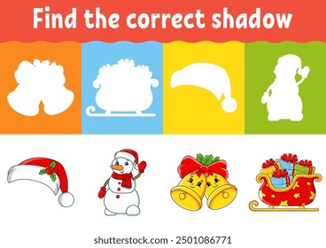 Find the correct shadow. Education worksheet. Matching game for kids. Color activity page. Puzzle for children. cartoon character. Vector illustration.