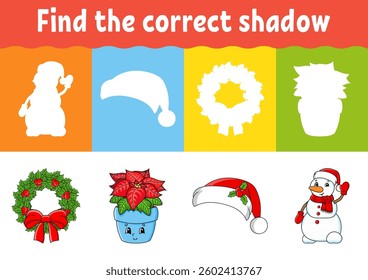 Find the correct shadow. Education worksheet. Matching game for kids. Color activity page. Puzzle for children. cartoon character. Vector illustration.