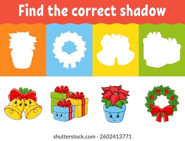 Find the correct shadow. Education worksheet. Matching game for kids. Color activity page. Puzzle for children. cartoon character. Vector illustration.