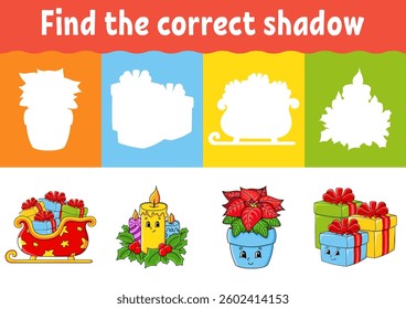 Find the correct shadow. Education worksheet. Matching game for kids. Color activity page. Puzzle for children. cartoon character. Vector illustration.
