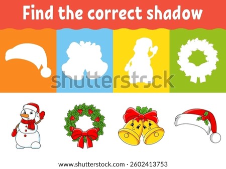 Find the correct shadow. Education worksheet. Matching game for kids. Color activity page. Puzzle for children. cartoon character. Vector illustration.