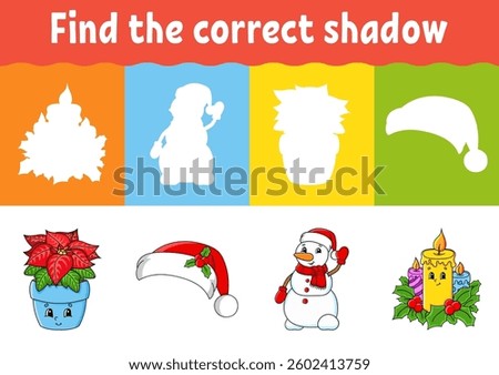 Find the correct shadow. Education worksheet. Matching game for kids. Color activity page. Puzzle for children. cartoon character. Vector illustration.
