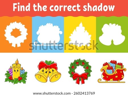 Find the correct shadow. Education worksheet. Matching game for kids. Color activity page. Puzzle for children. cartoon character. Vector illustration.