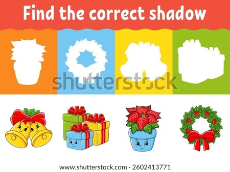 Find the correct shadow. Education worksheet. Matching game for kids. Color activity page. Puzzle for children. cartoon character. Vector illustration.