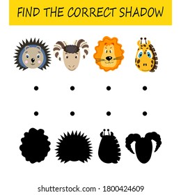 Find the correct shadow. Educational card  for children. Cute animals. Logic game for kids. Home education. Colorful cartoon vector illustration.