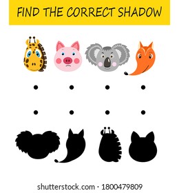 Find the correct shadow. Educational card  for children. Cute animals. Logic game for kids. Home education. Colorful cartoon vector illustration.