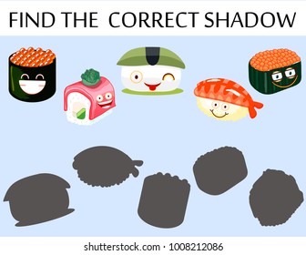 Find the correct shadow. Educational game for children. Cartoon sushi vector illustration. Kindergarten Worksheet.