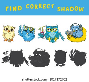 Find the correct shadow educational game for kids with owls. Vector colorful activity.