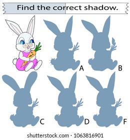 Find the correct shadow. Educational game for children. A hare with a carrot. Colored Vector illustration.